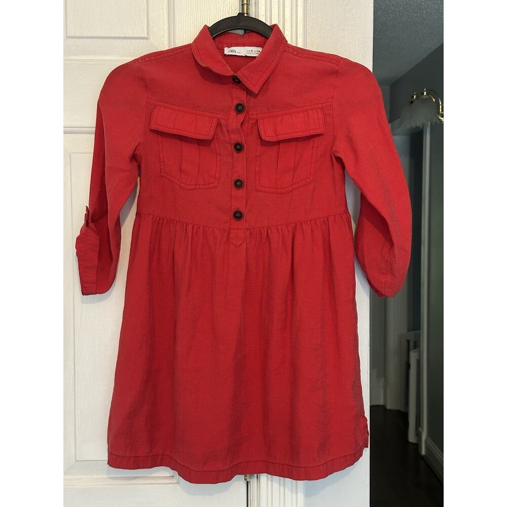 EUC Zara Girls Collared Button Down Dress Rolled Sleeves Size 8 Cute Casual